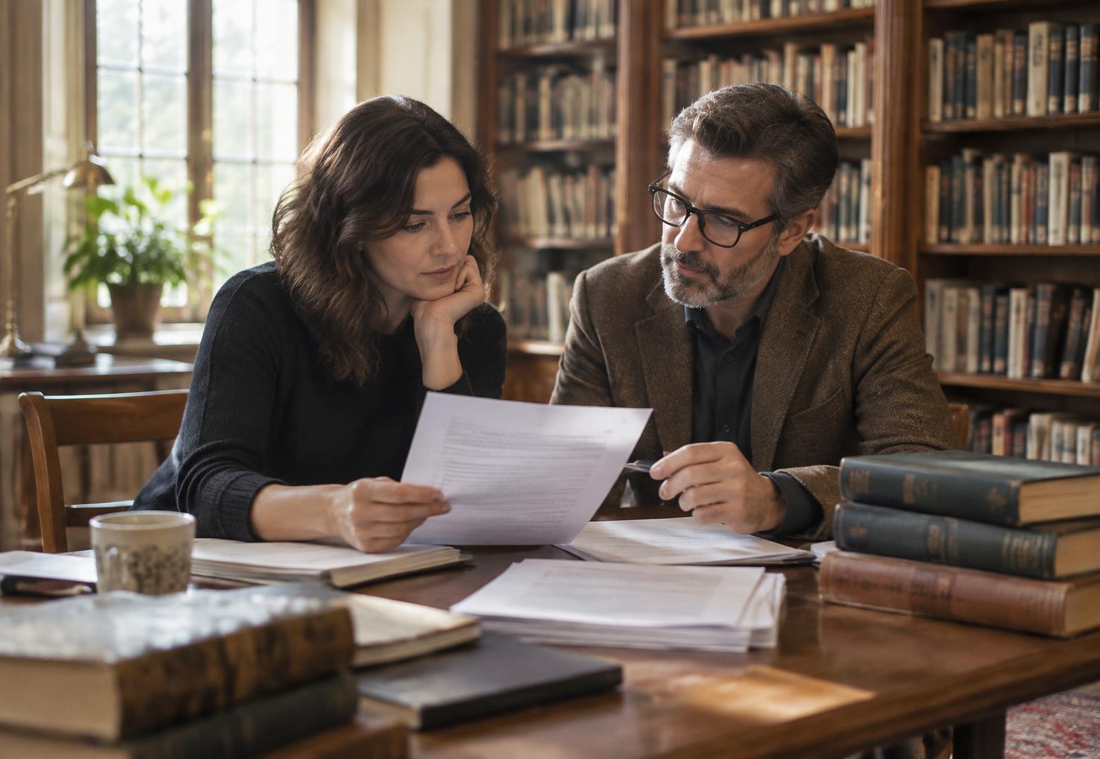 A literary consultant and an author reviewing a manuscript in a library